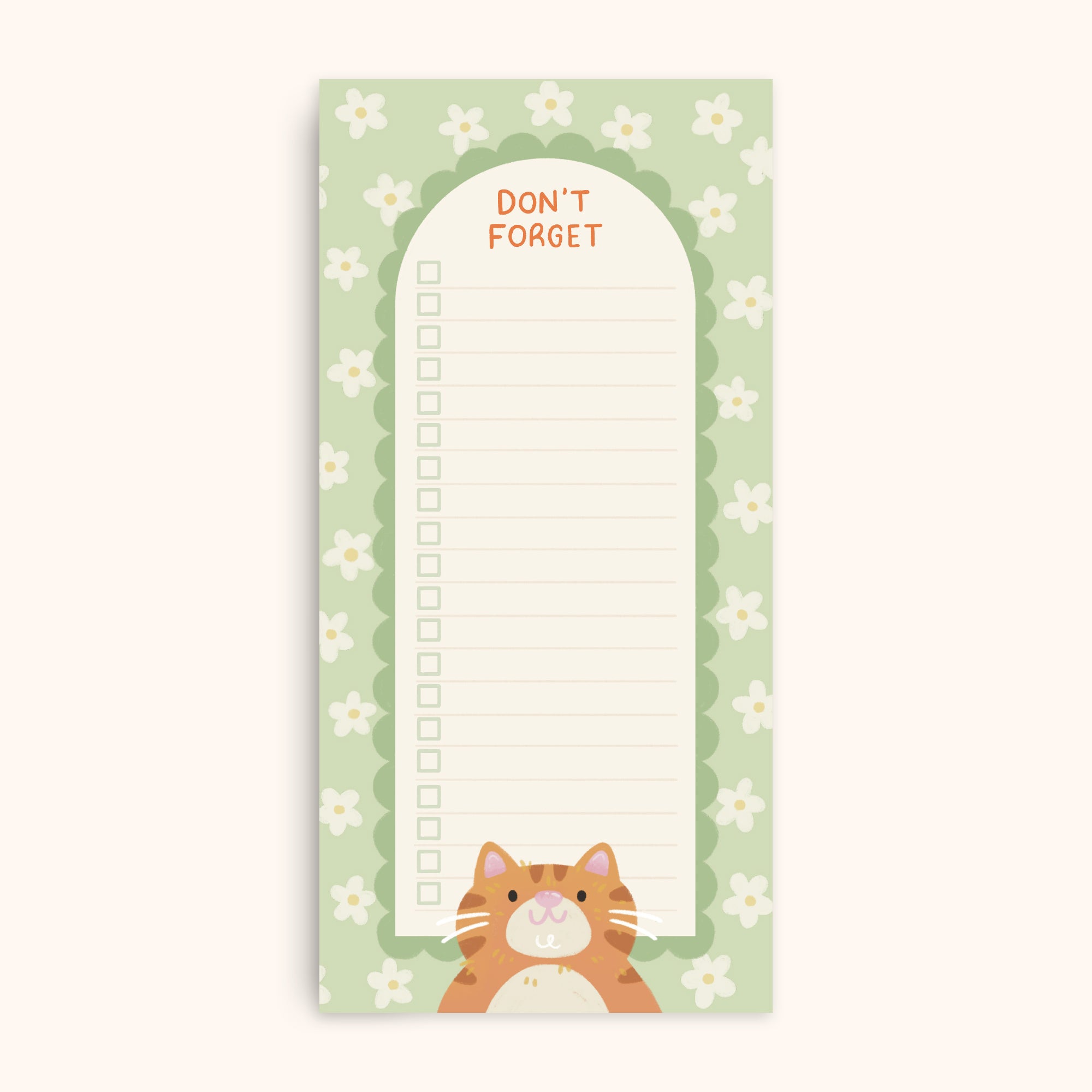 Notepad with a cat illustration and 'Don't Forget' text on a floral border
