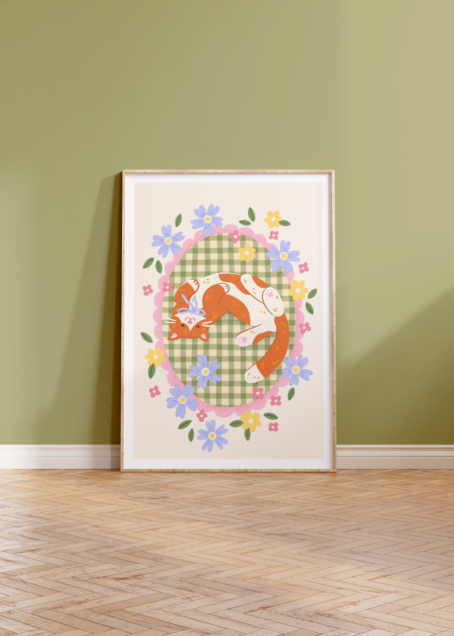 Gingham Cat Nap – Cottagecore Cat Art Print