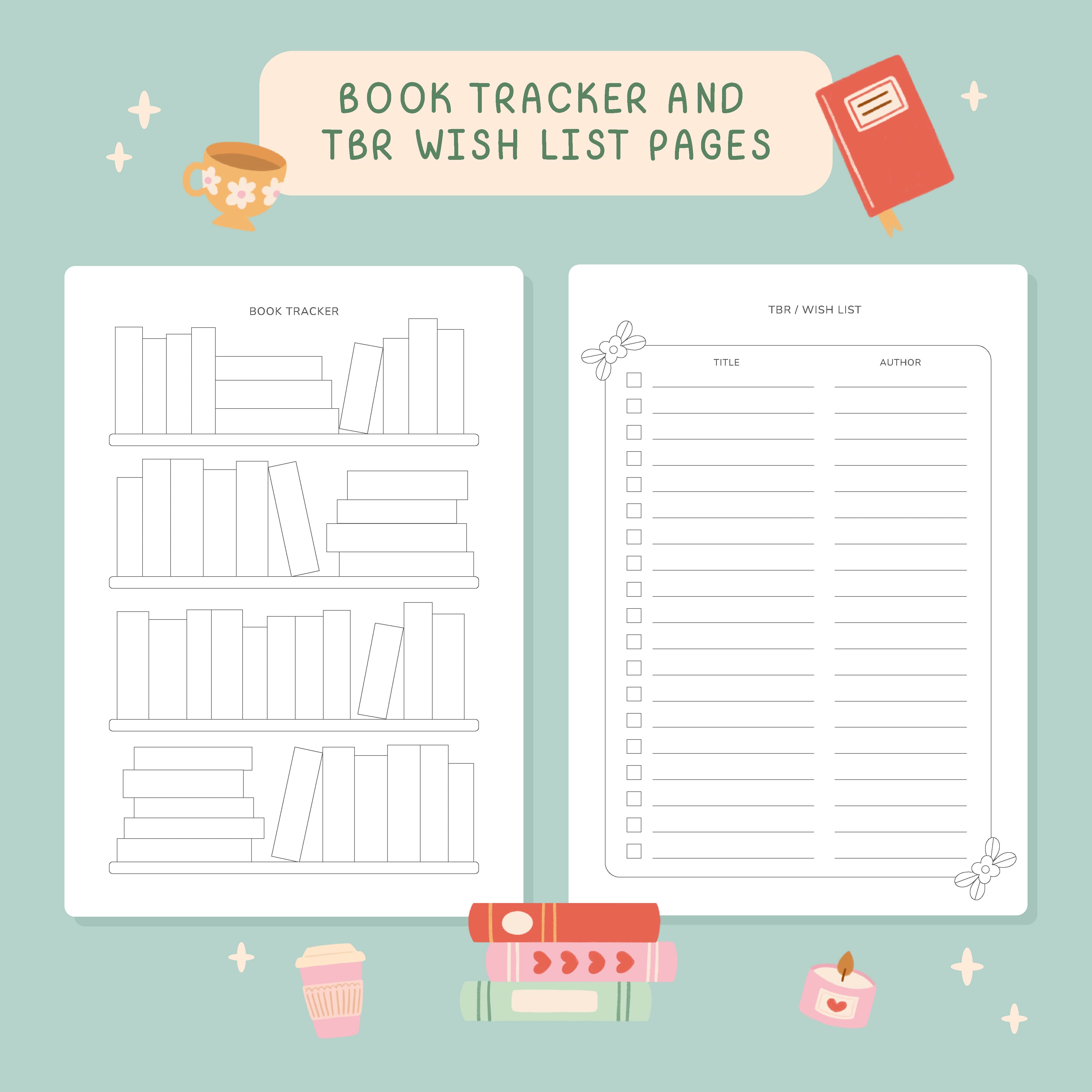 Two book tracker pages on a light blue background with book-themed illustrations.