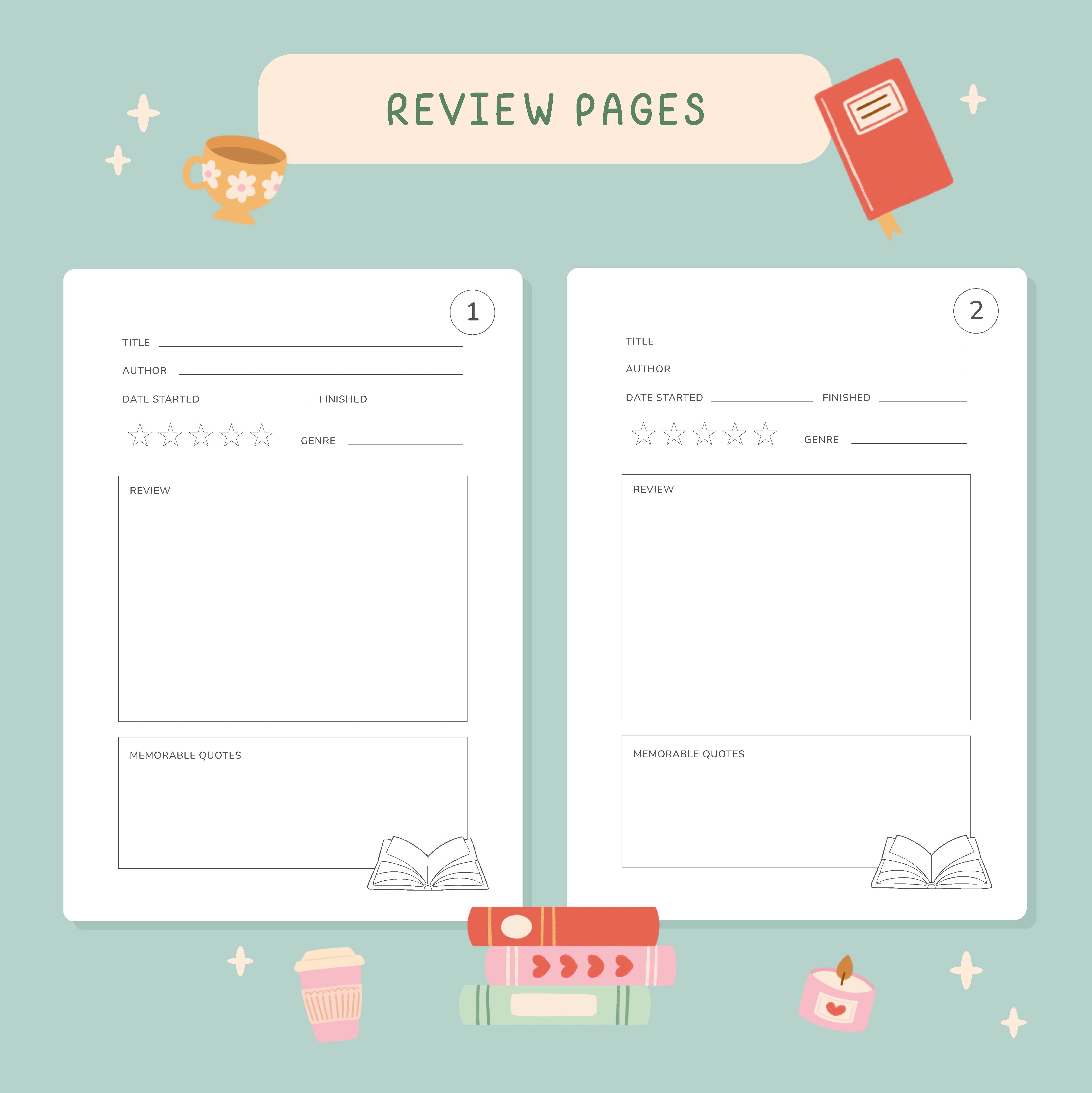 Two review pages for books with a light blue background and book-themed illustrations.