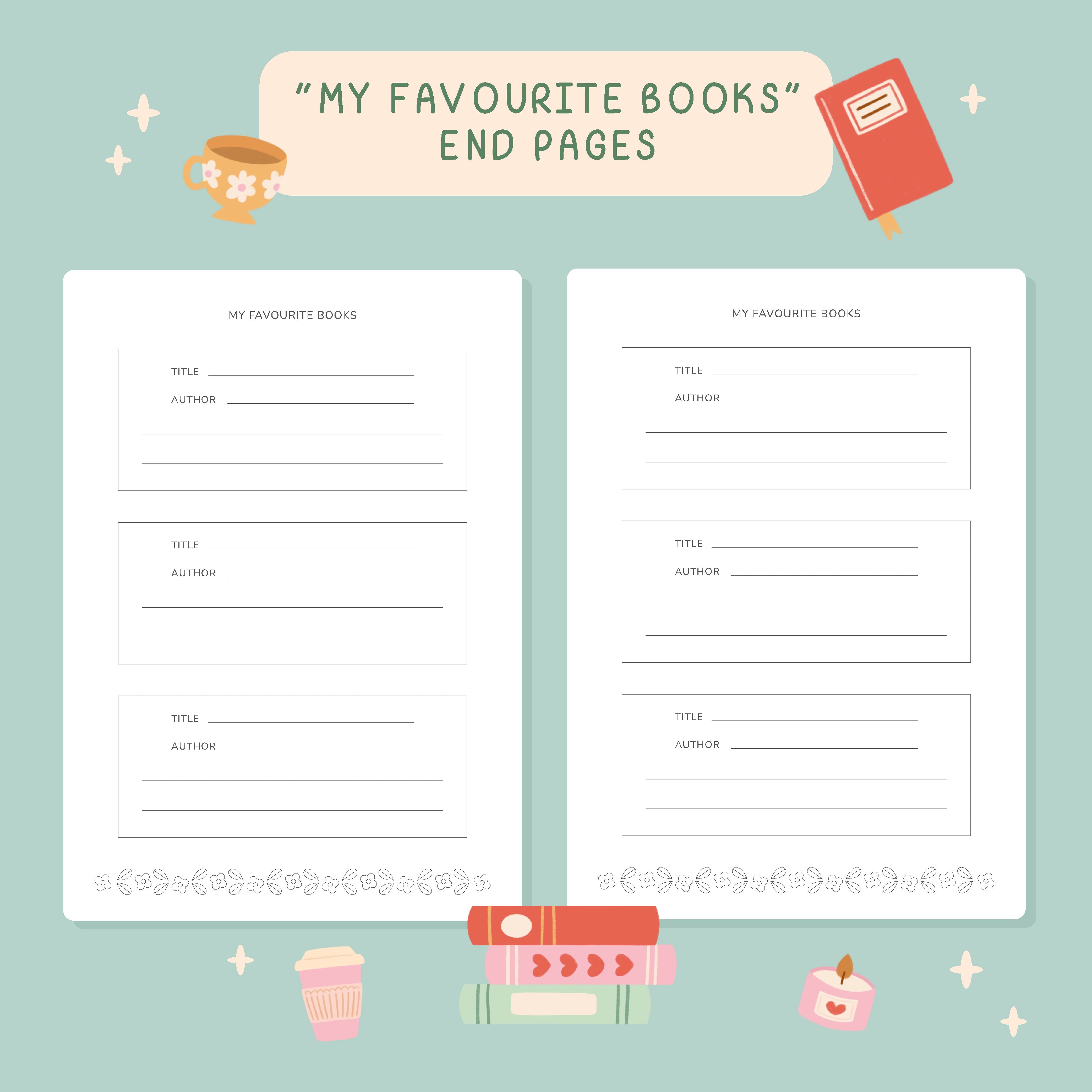 Two pages for 'My Favourite Books' on a light blue background with book-themed illustrations.