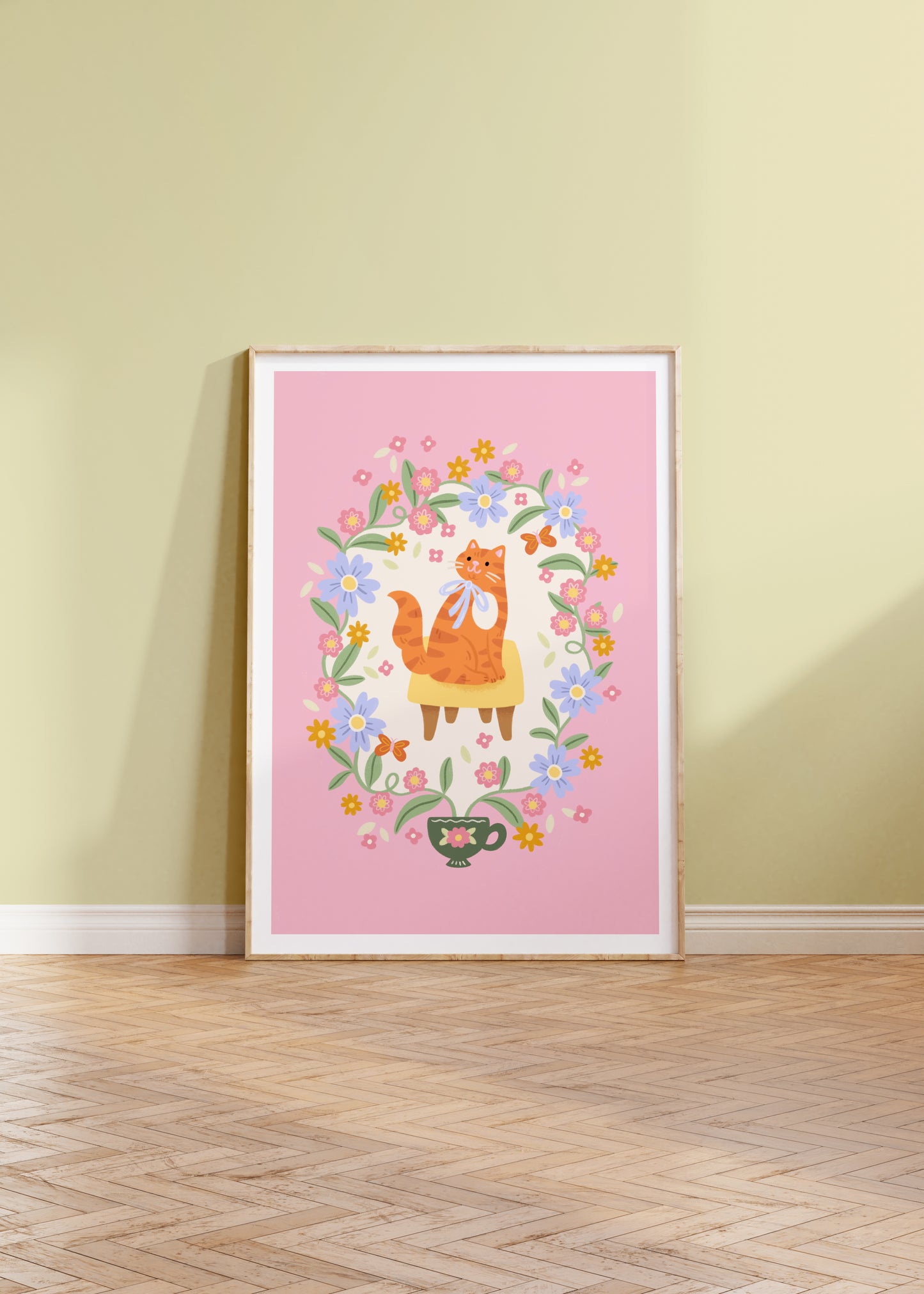 Teacup Ginger Cat Print – Whimsical Cottagecore Art