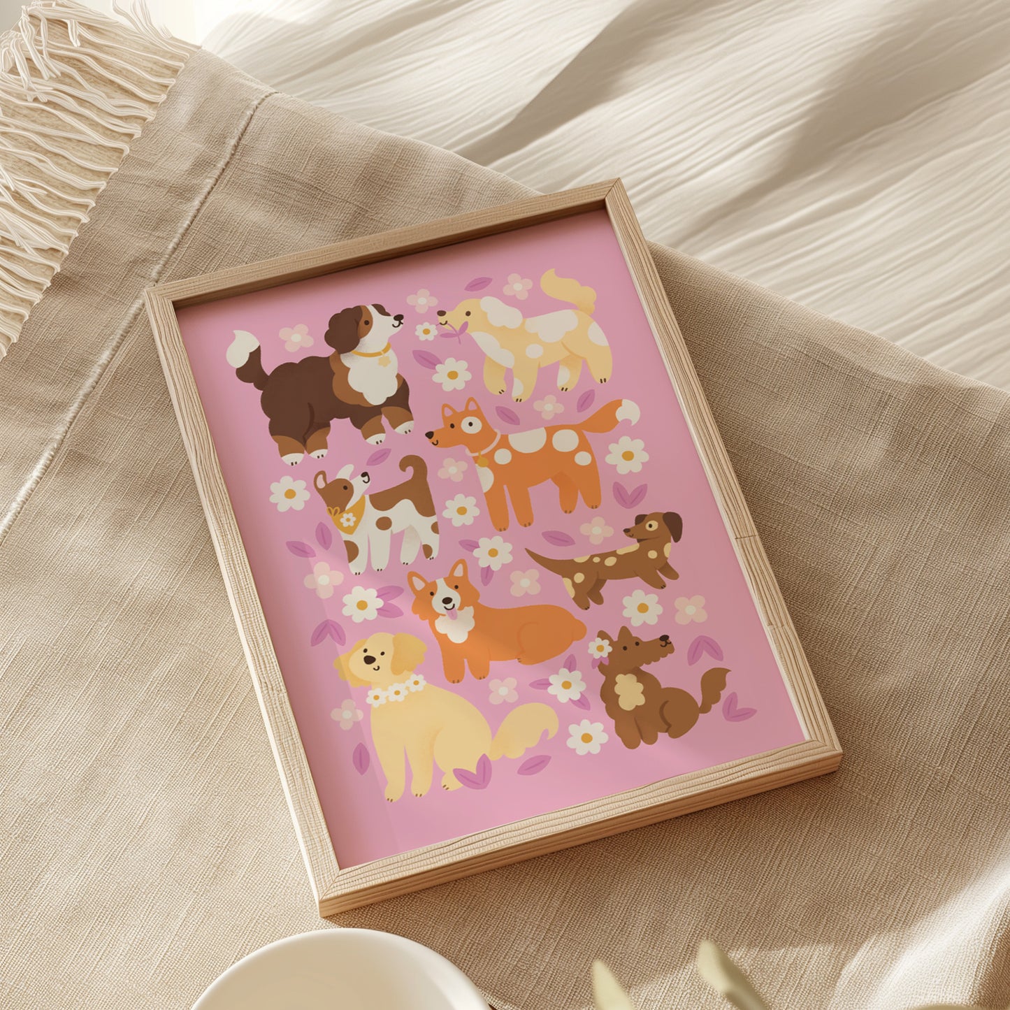 Pink Dogs and Flowers Print