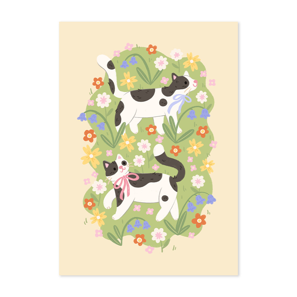 Black and White Cats Floral Meadow Print – Cottagecore Art