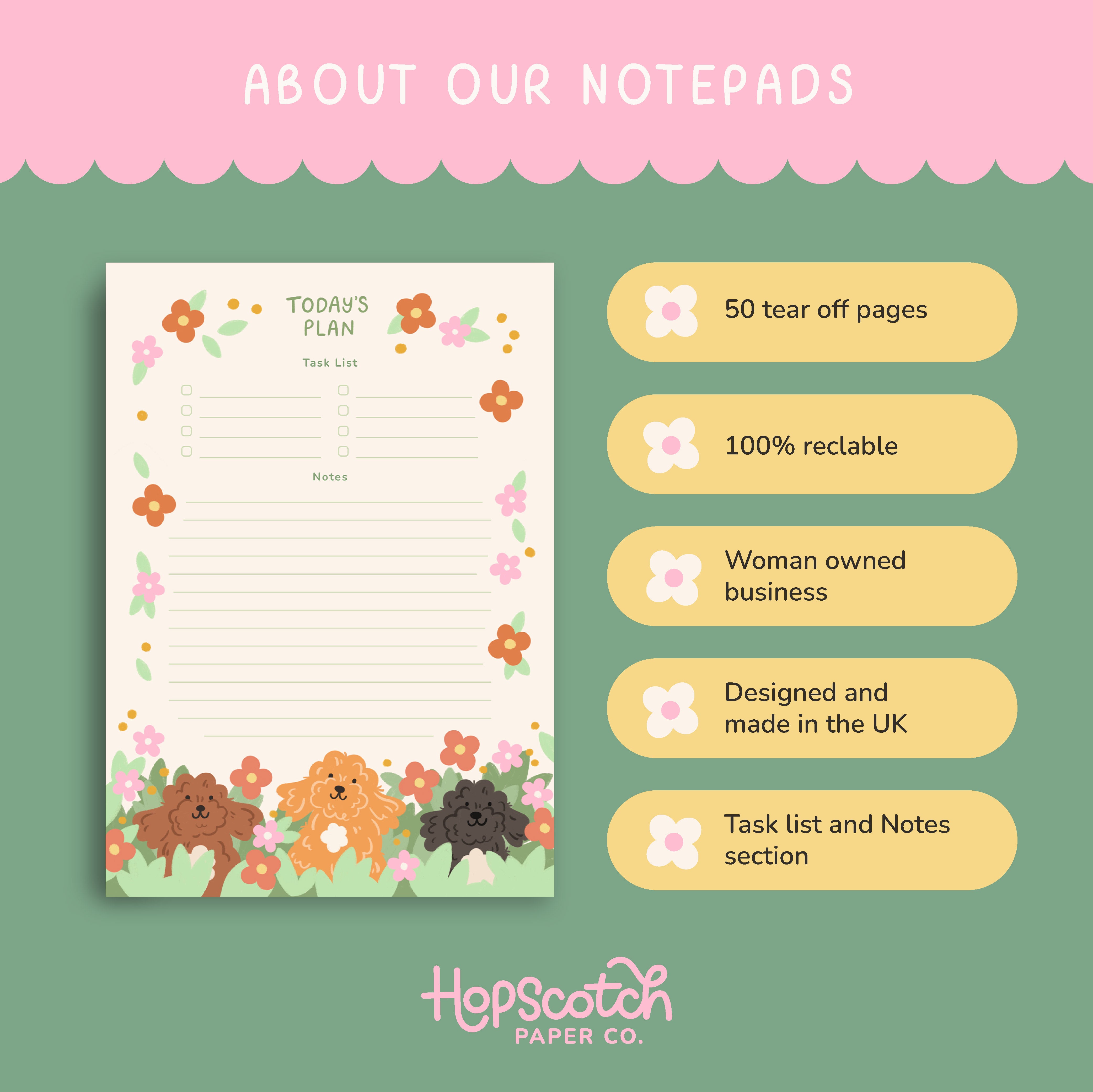 Notepad with floral design and text about notepads on a green background