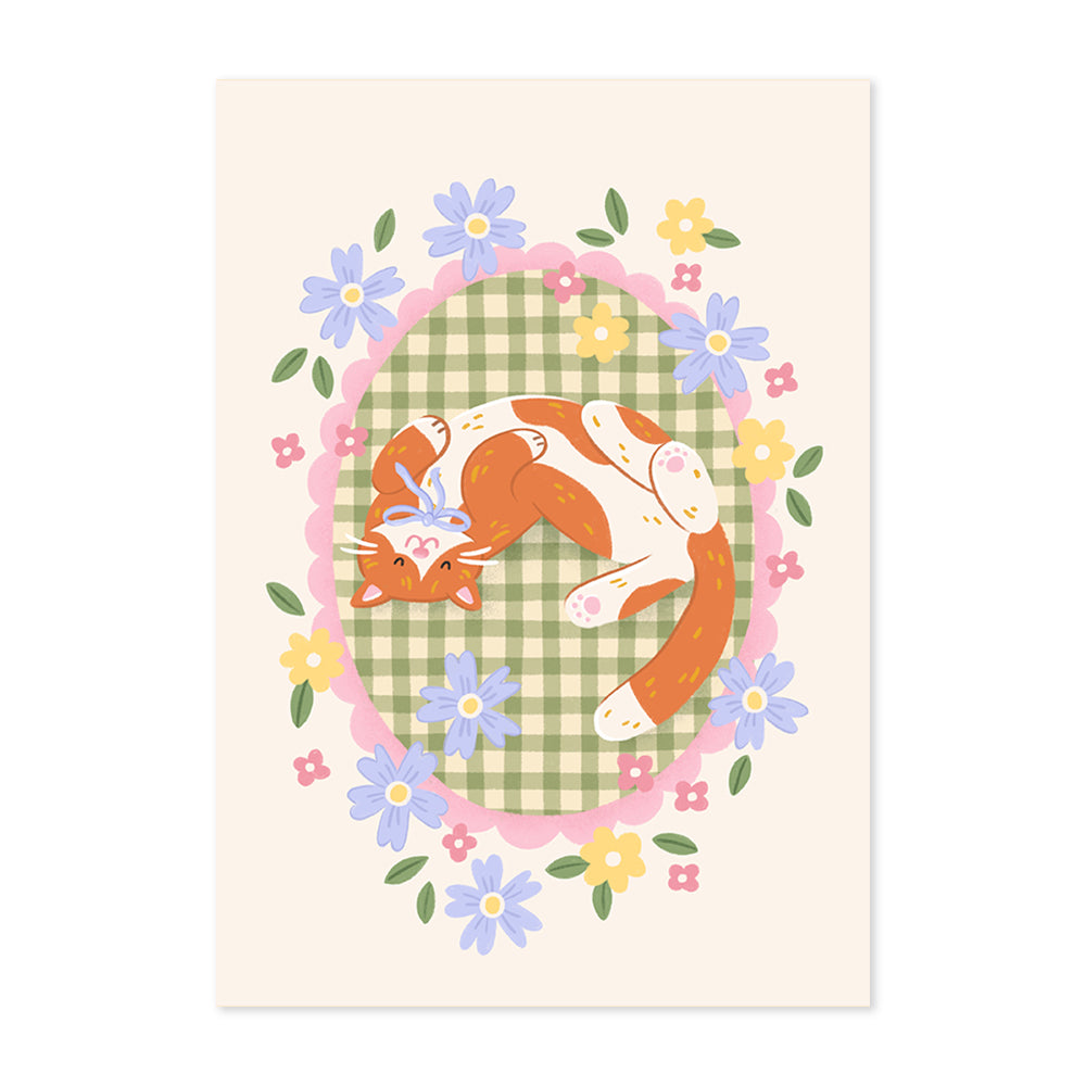 Gingham Cat Nap – Cottagecore Cat Art Print