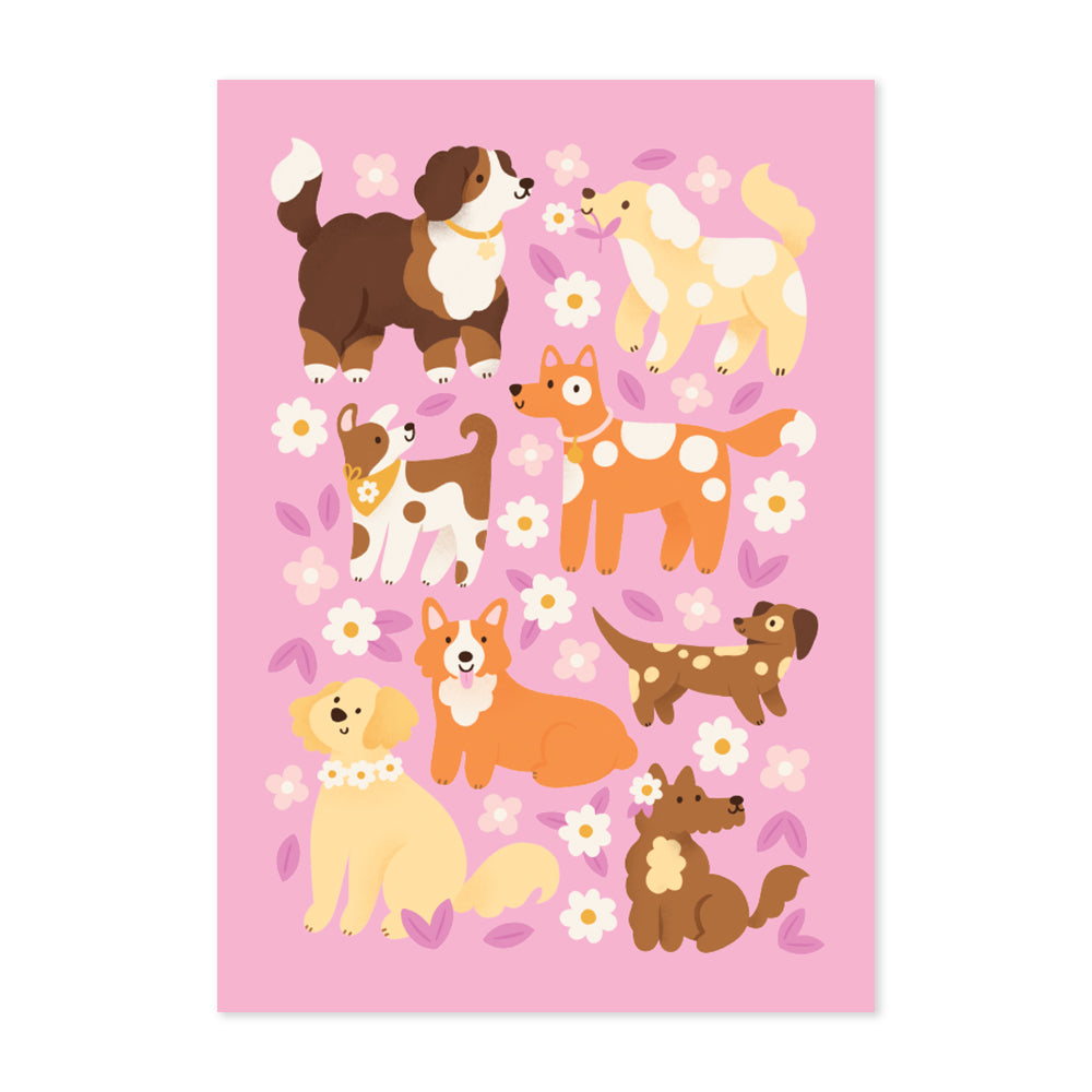 Pink Dogs and Flowers Print