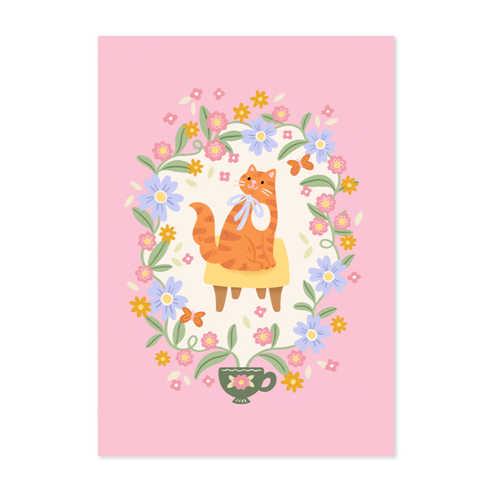 Teacup Ginger Cat Print – Whimsical Cottagecore Art
