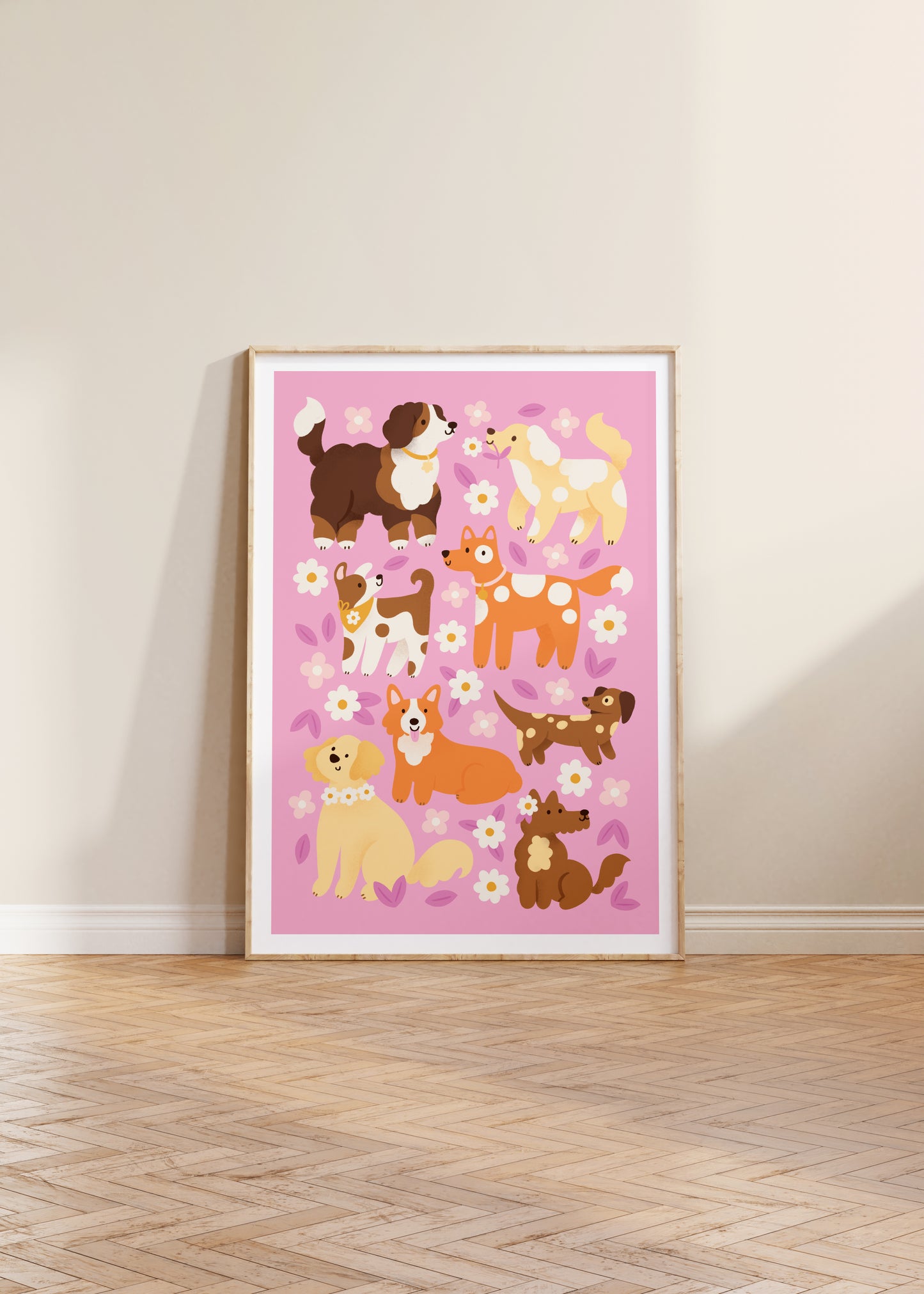 Pink Dogs and Flowers Print