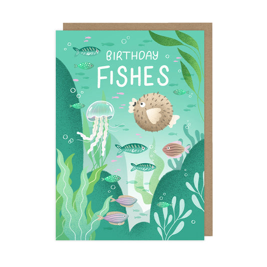 A birthday card featuring an underwater scene with lots of fishes and reads "birthday fishes".