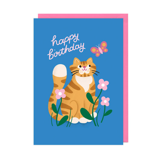 A cute birthday card featuring a cat and butterfly.