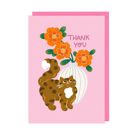 A cute thank you card featuring a fluffy cat and a vase of flowers.