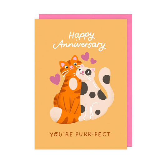 A anniversary card featuring two cats that reads "Happy Anniversary, You're Purr-fect".