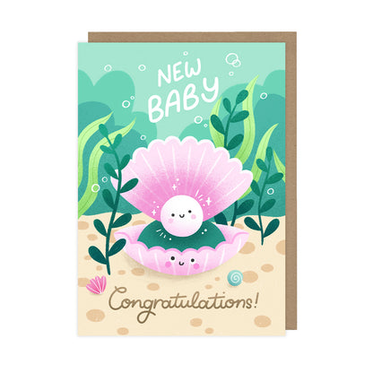 A new baby card which features a cute baby pearl inside a smiling clam that reads "new baby, congratulations!".