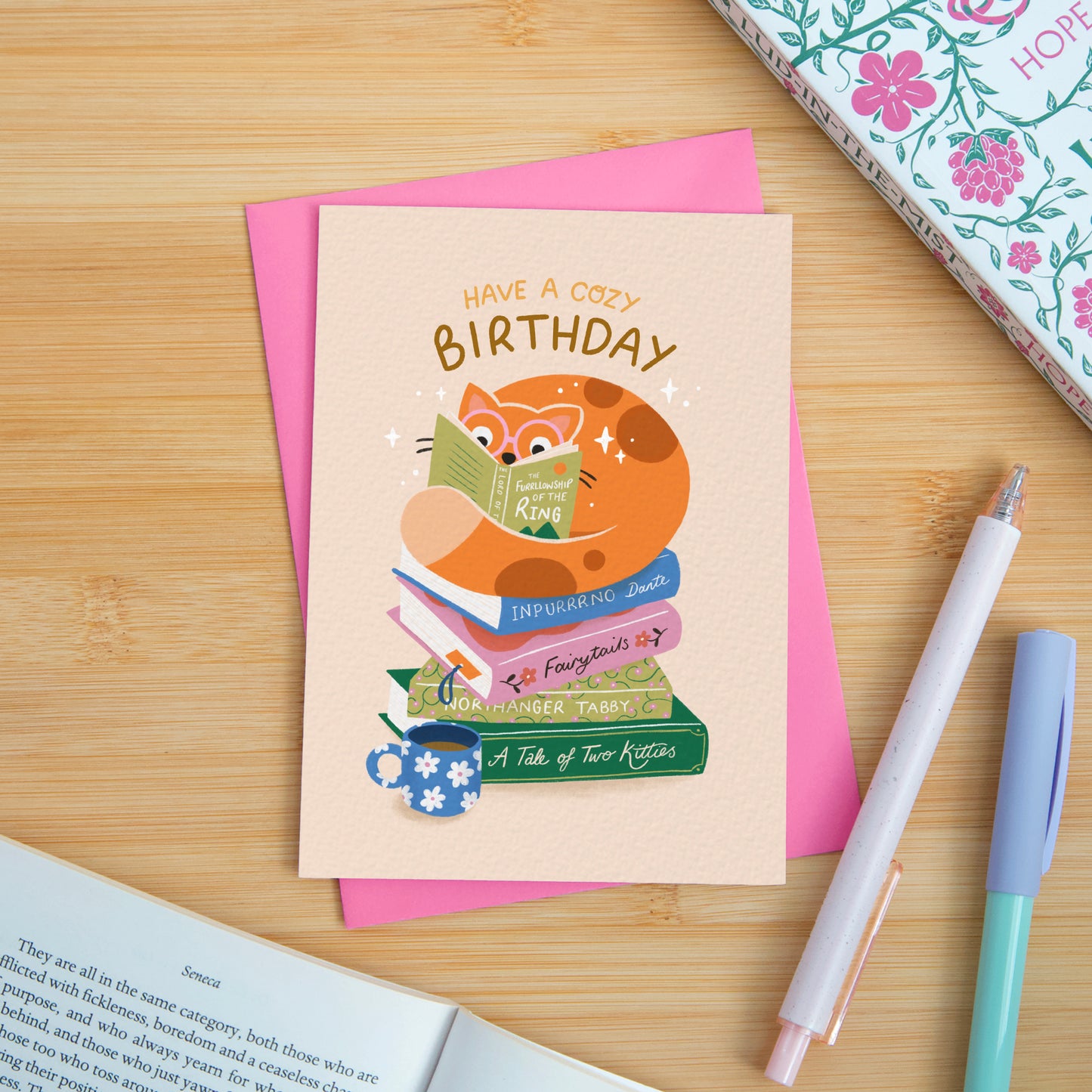 Cat & Books, Cat Birthday Card