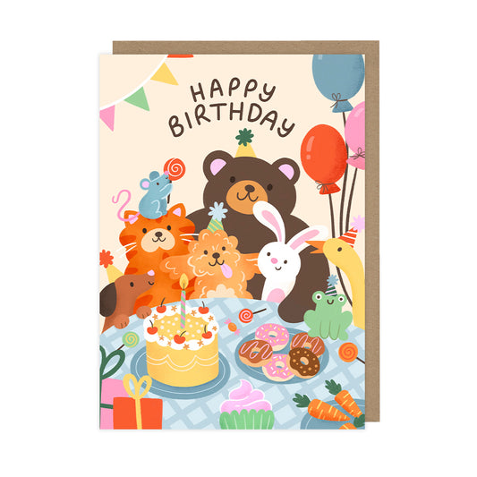 A children's birthday card featuring cute illustrated animals at a dinner party. 