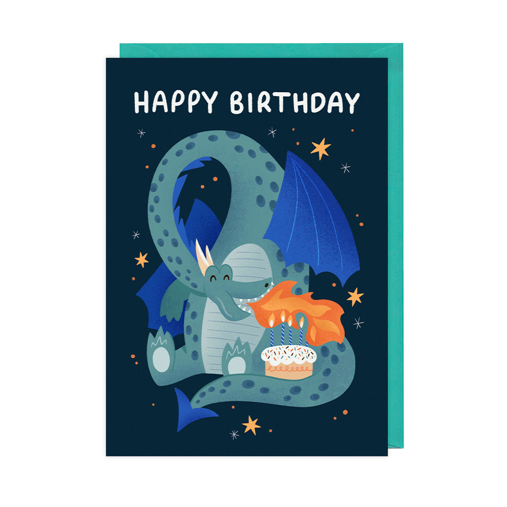 A children's birthday card featuring a blue dragon and a cake. 