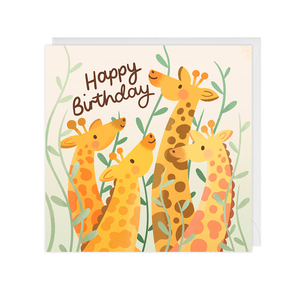 A birthday card featuring four giraffes that reads "happy birthday".