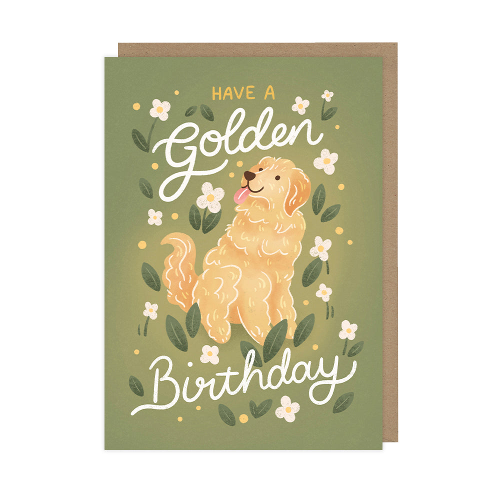 A birthday card featuring a drawing of a golden retriever that reads "have a golden birthday".