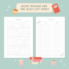 Two book tracker pages on a light blue background with book-themed illustrations.