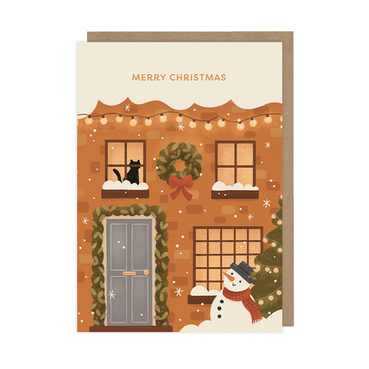 Cozy Christmas House with Cat, Single Christmas Card