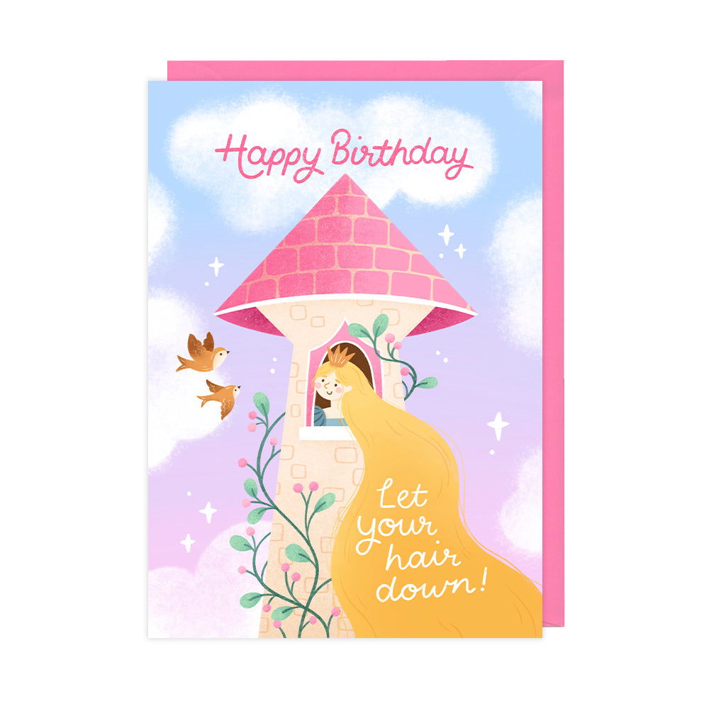 A birthday card featuring a princess in a tower with long hair that reads "happy birthday let your hair down".