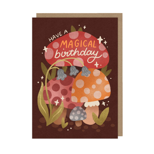 A birthday card featuring illustrated mushrooms. 