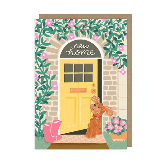 A new home card featuring a yellow door with a fluffy dog. 