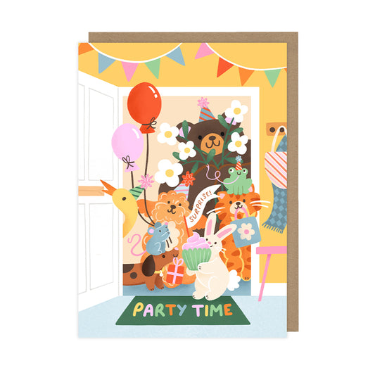 A children's birthday card that features a selection of cute animals at a party. 