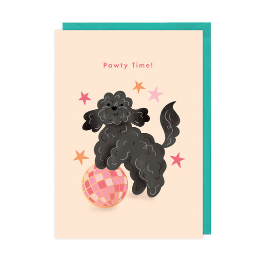 A birthday card featuring a fluffy black dog and a disco ball, the card reads "pawty time".