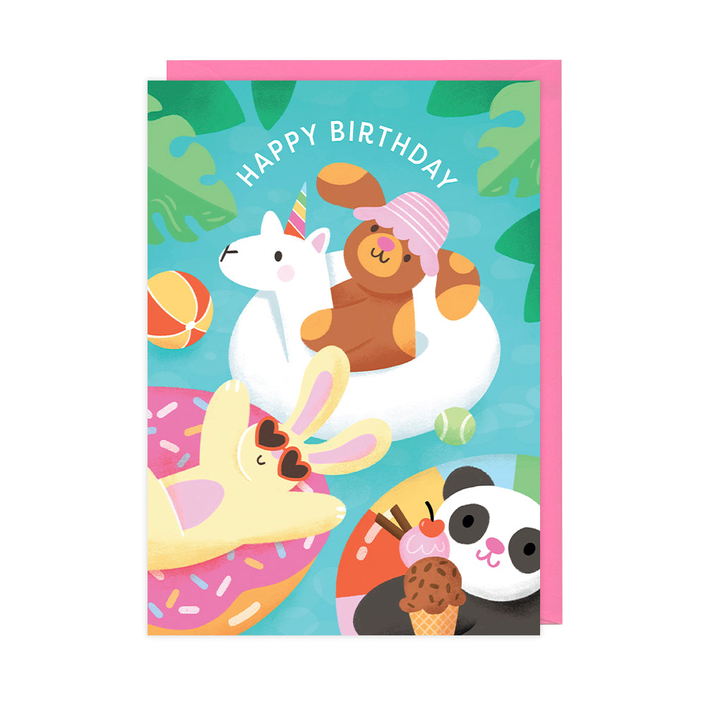 A bright and colourful children's birthday card featuring a dog, bunny and panda playing on a lazy river. 