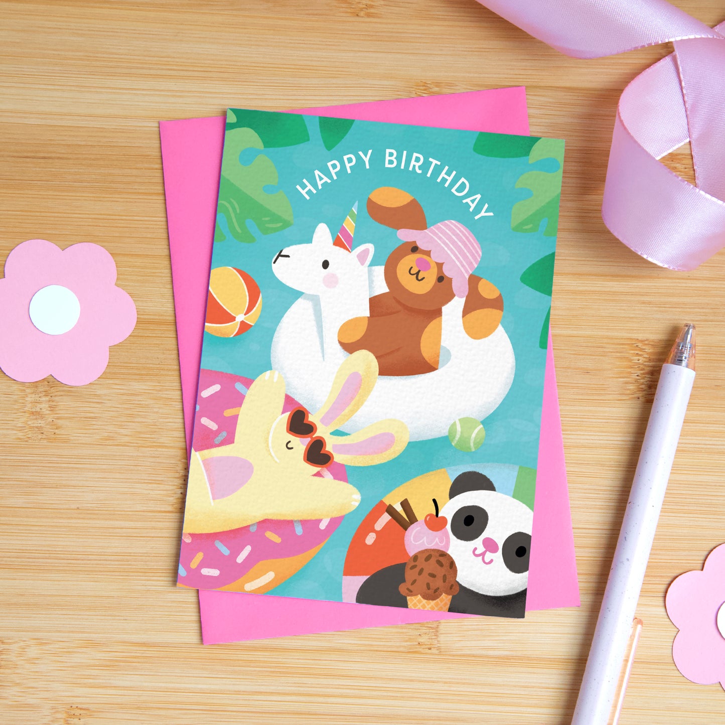 Animal Pool Party Birthday Card