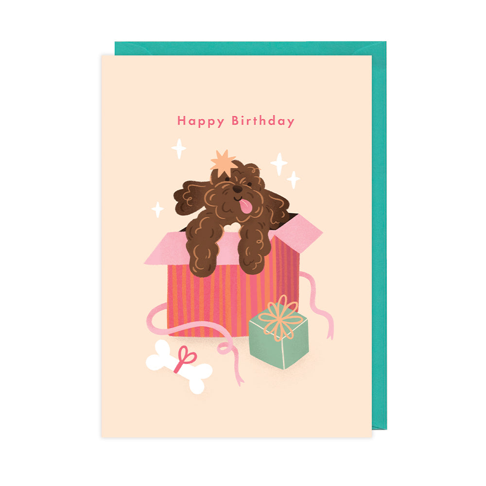 A birthday card featuring a fluffy brown dog jumping out of a present. 