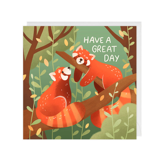 An illustrated red panda birthday card featuring two red pandas in a tree and reads "have a great day".