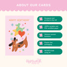 Birthday card with a dog illustration and product features on a pink background
