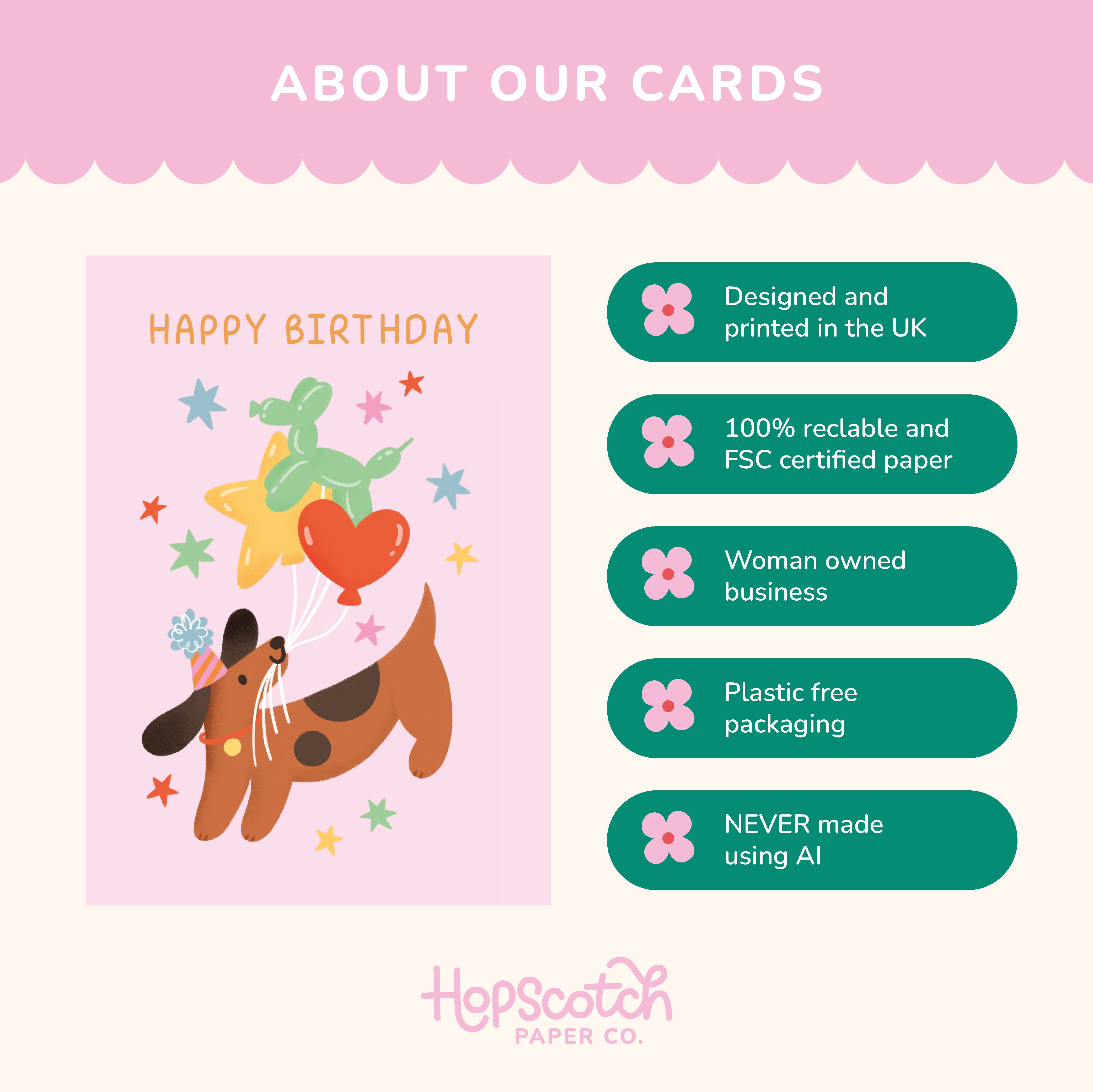 Birthday card with a dog illustration and product features on a pink background