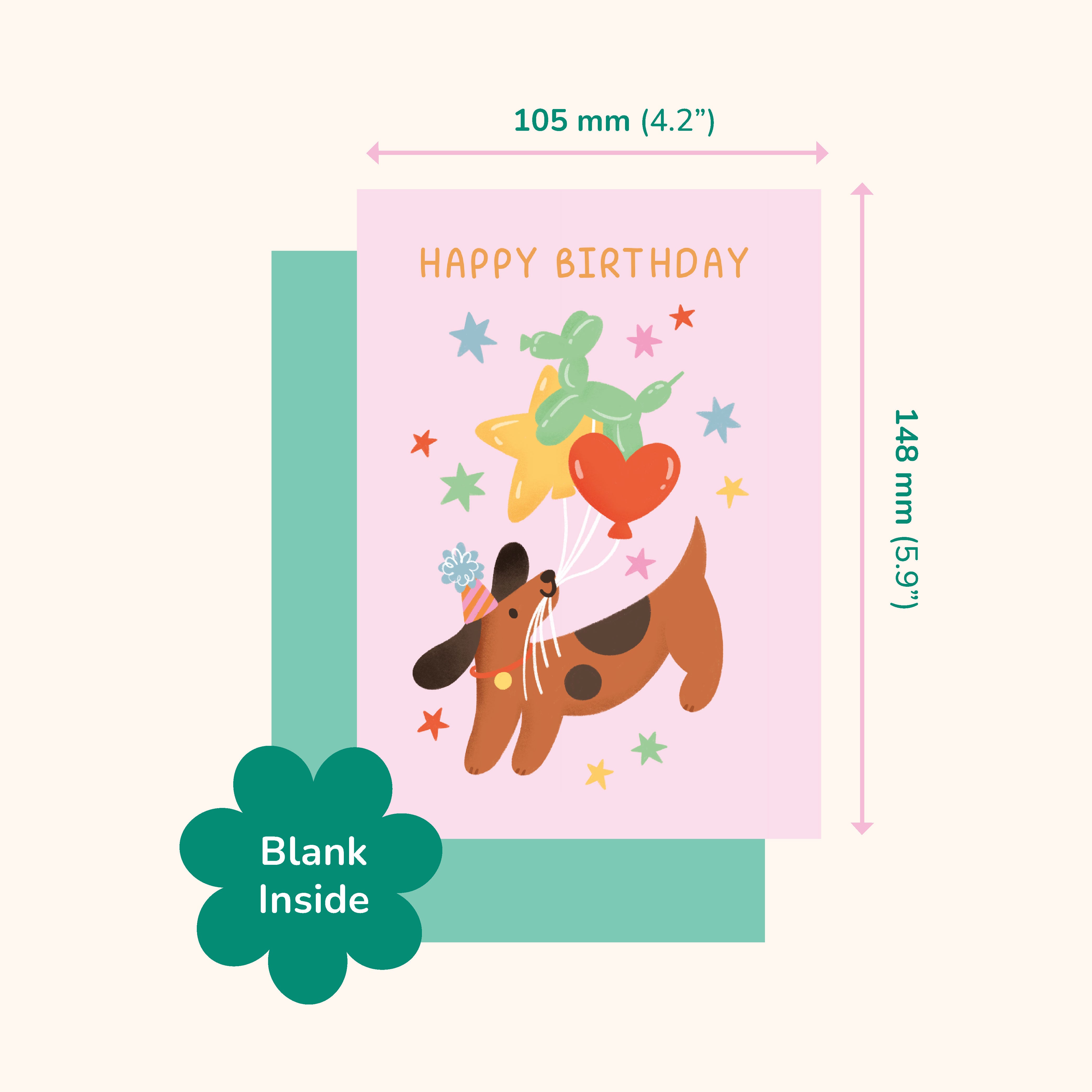 Children's birthday card with a dog and balloons design, dimensions shown, and 'Blank Inside' label.