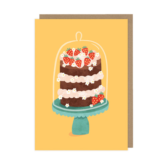 A greetings card featuring an illustrated chocolate cake against a bright yellow background. 