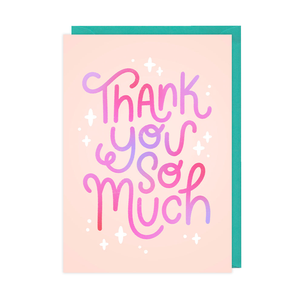 A greetings card that reads "thank you so much" with sparkles. 