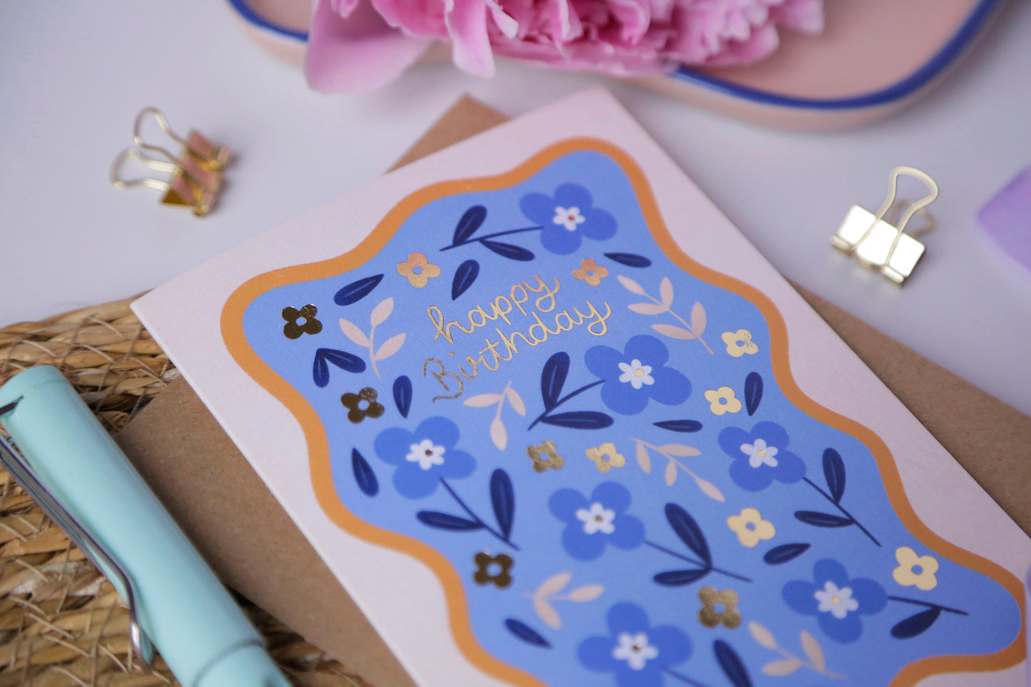 Blue Floral Birthday Card, Foiled Birthday Greetings Card