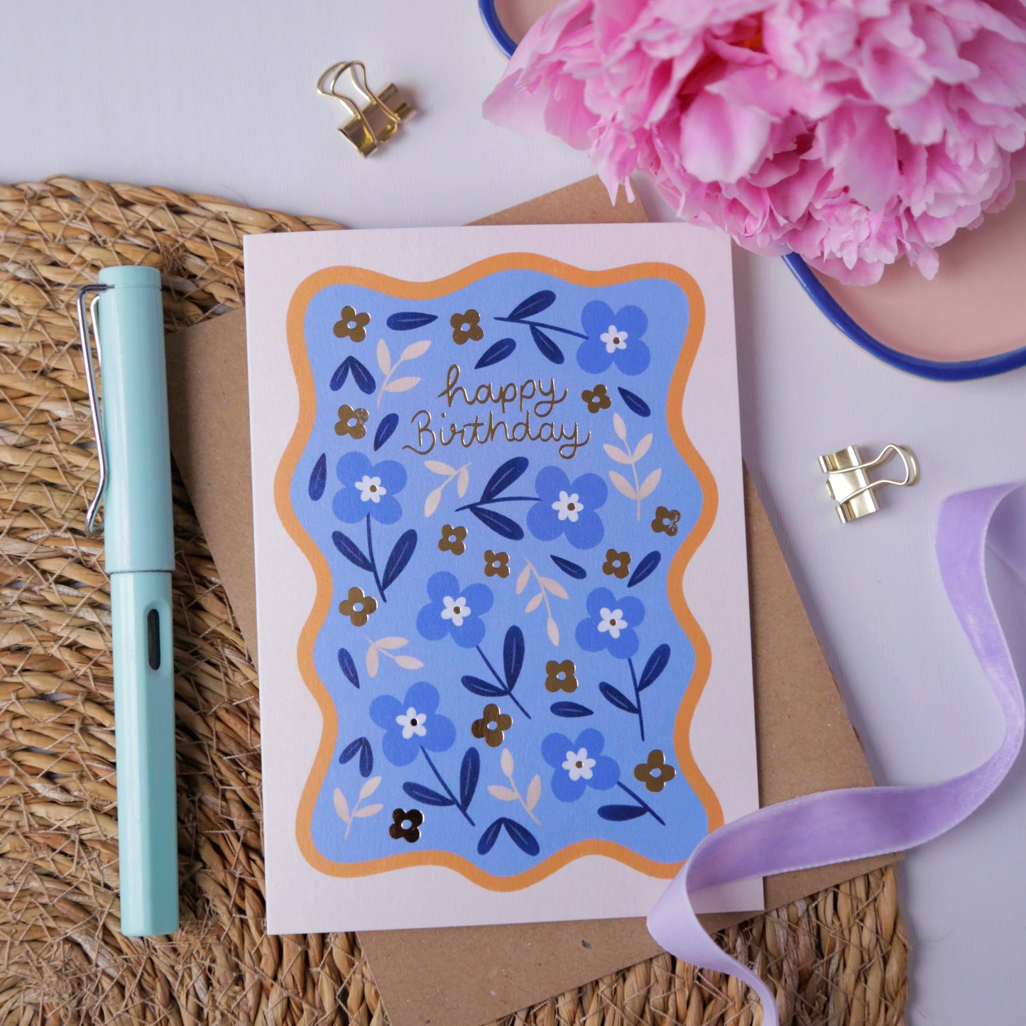 Blue Floral Birthday Card, Foiled Birthday Greetings Card