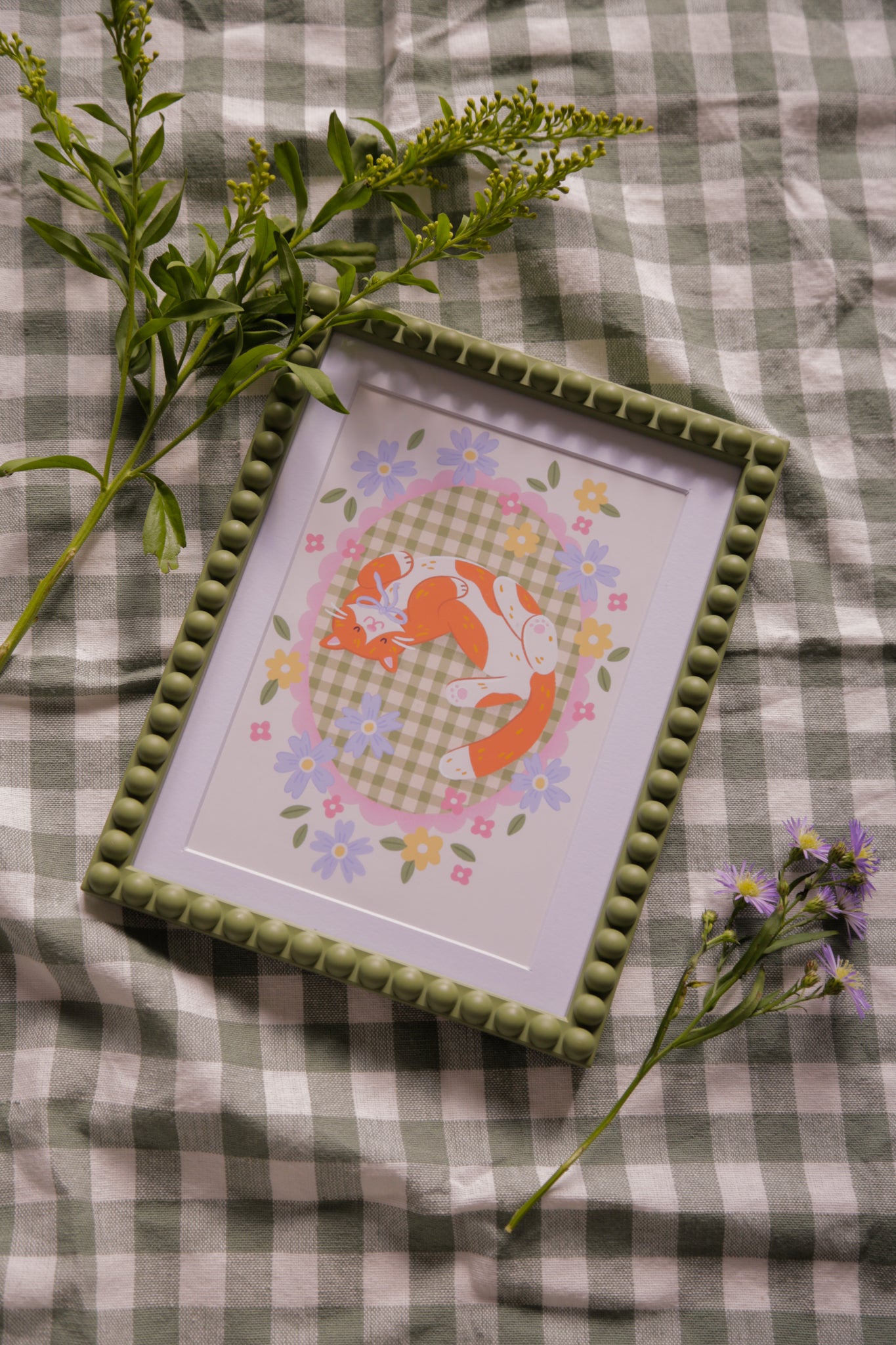 Gingham Cat Nap – Cottagecore Cat Art Print