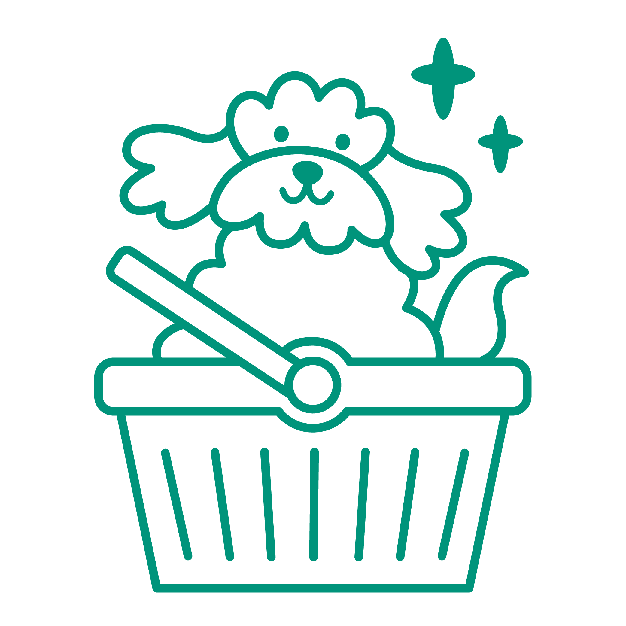 An illustrated icon of a fluffy dog sitting in a shopping basket. 