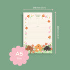 Notepad with floral and animal design, shown with dimensions on a green background