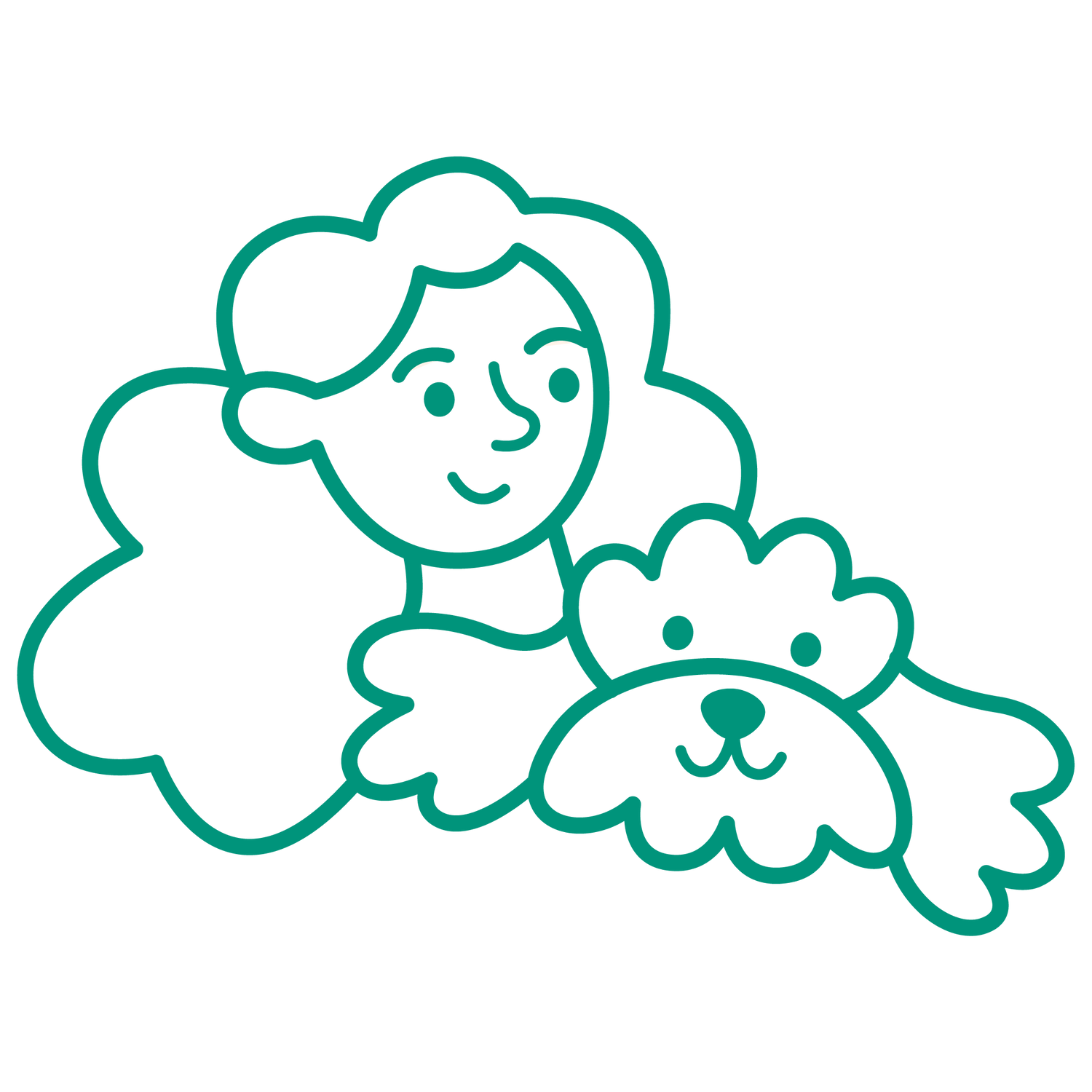 An illustrated icon of a girl and a fluffy dog.