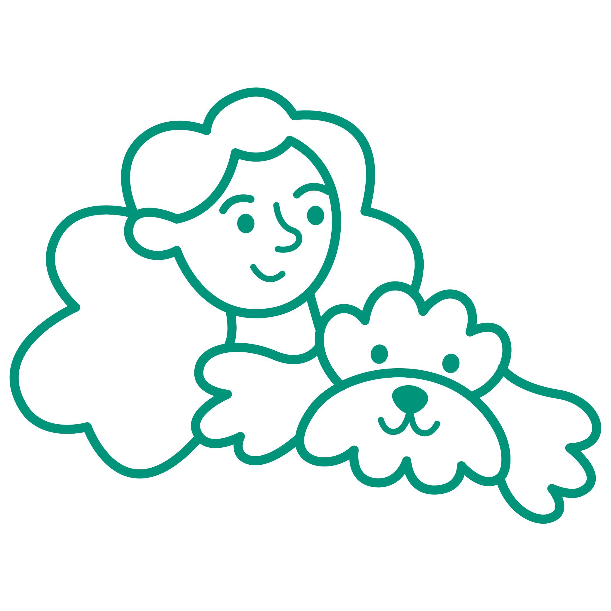 An illustrated icon of a girl and a fluffy dog.