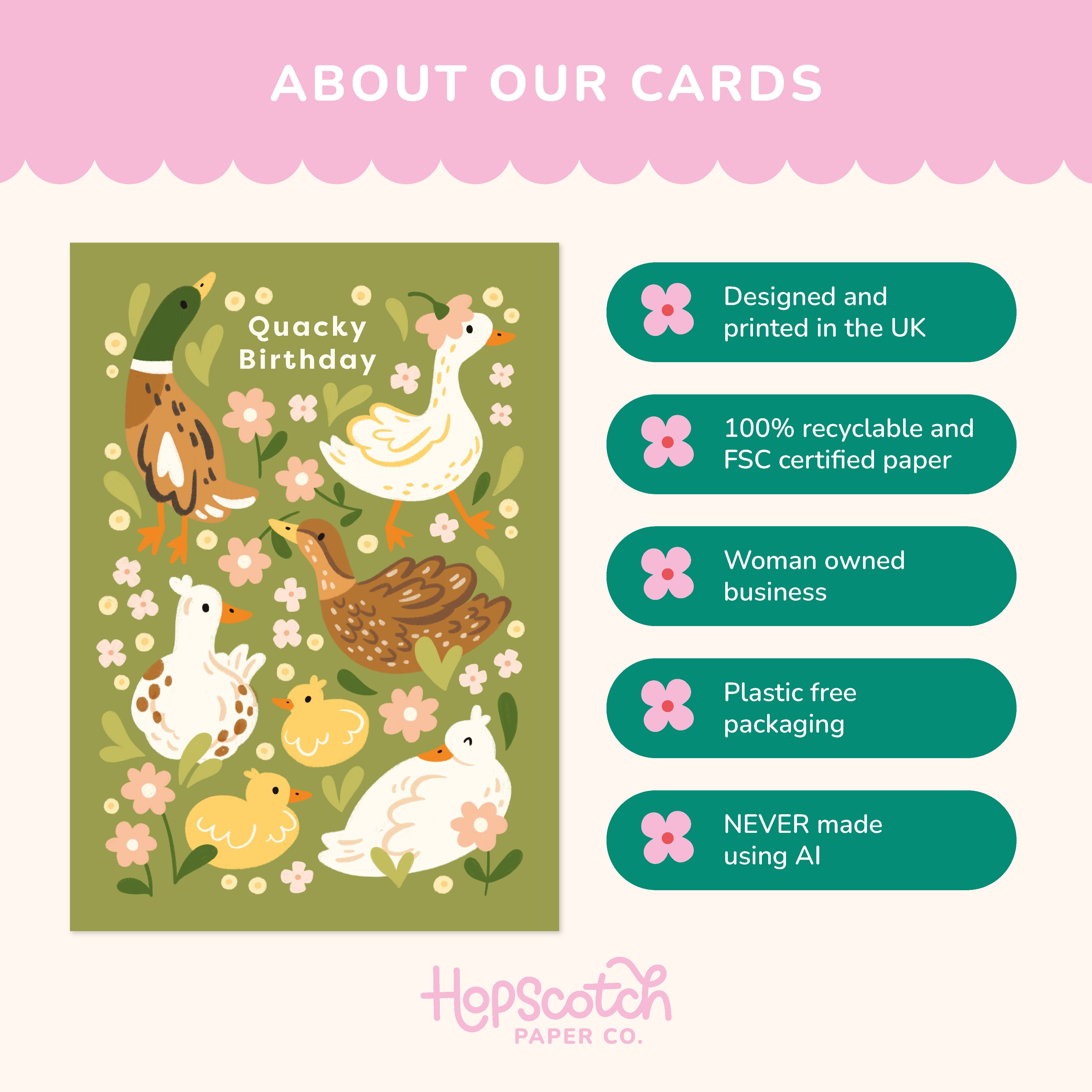 Card with ducks and flowers on a green background, featuring text about the card's features.
