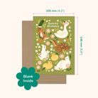 Greeting card with duck illustrations and dimensions on a white background