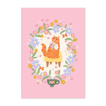 Teacup Ginger Cat Print – Whimsical Cottagecore Art